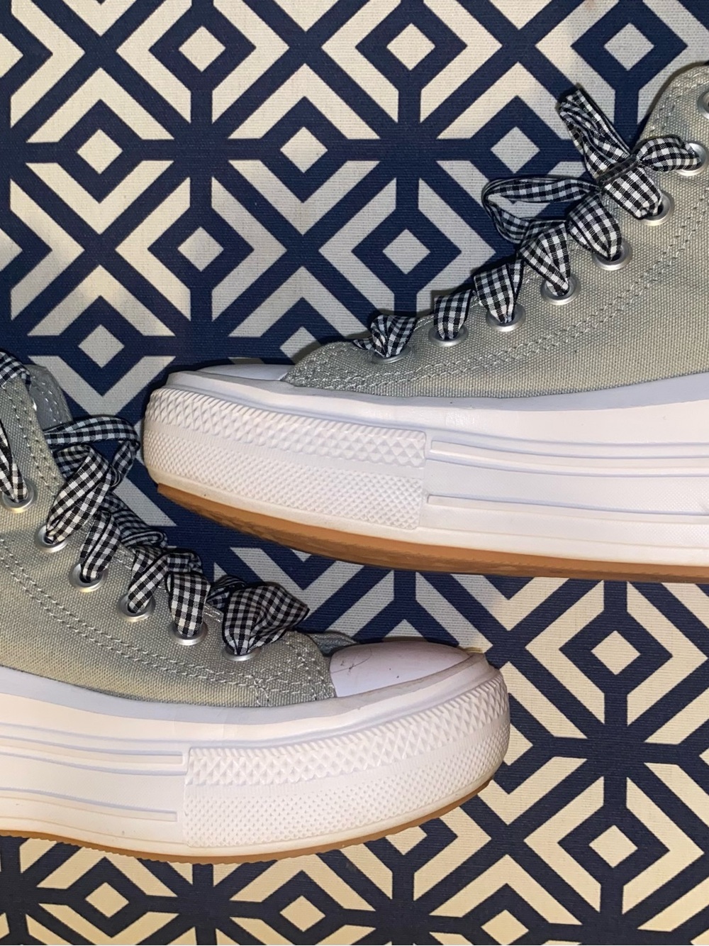 Converse Platform High-Top Sneakers in Light Gray with Gingham Laces